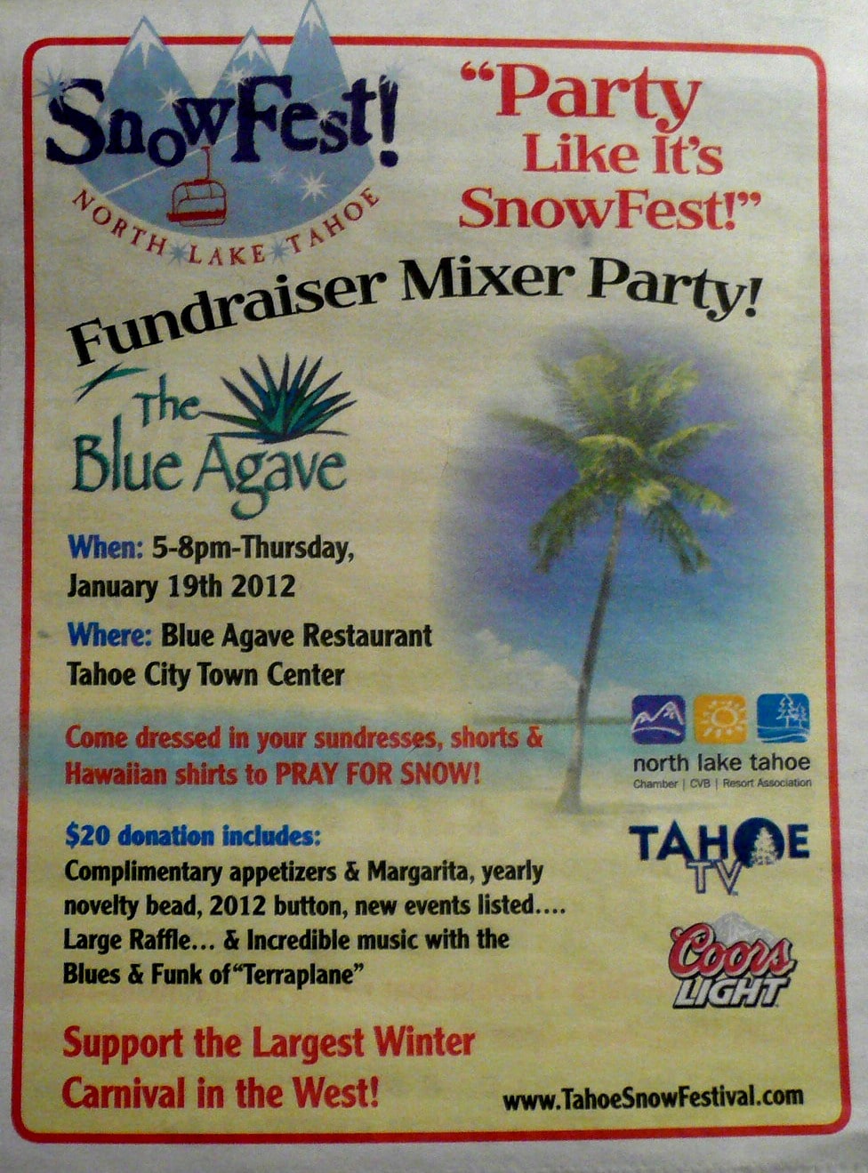 Lake Tahoe Snowfest – Fundraiser Mixer Party Thursday, January 19, 2012