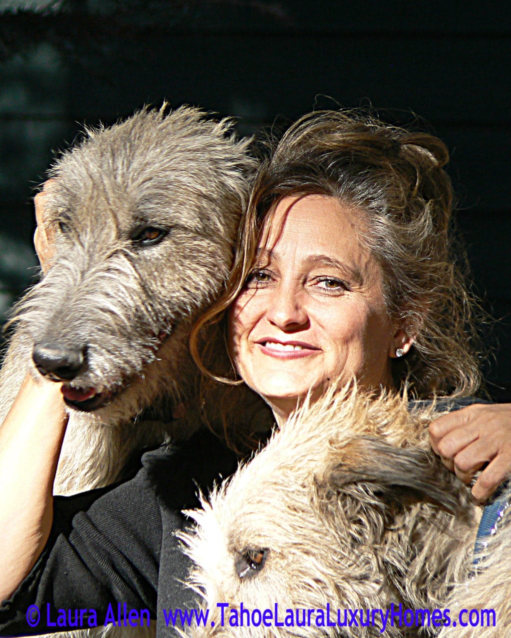 Laura with Irish Wolfhound puppies Rose and Scooter