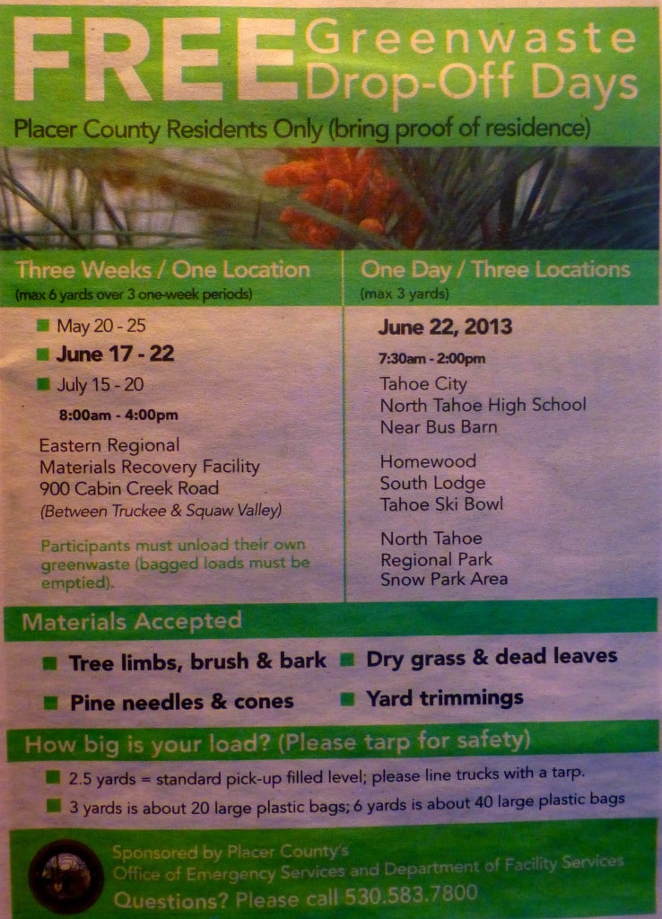 Free Greenwaste Drop-Off Days in Lake Tahoe, Placer County - 2013