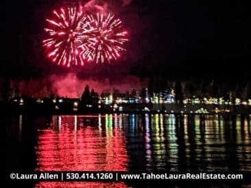 Fireworks exploding in the air above the Tahoe City Skyline